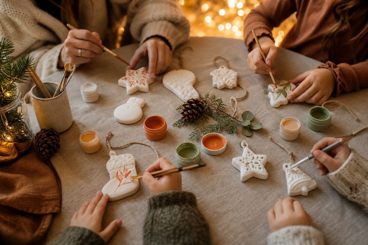 Seasonal craft table with kits and paint pots